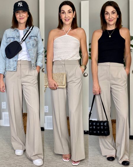 Beige trouser outfit ideas!
I’m 5’ 7” (32” inseam) wearing my usual size 4 in these pants. They come in several colors, I also have black.
1. Casual: I sized up to L in the Amazon tee for an oversized fit, it’s a great basic and not sheer. Sneakers and jacket fit tts
2. Dressy: wearing my usual size S in the crochet halter top from Old Navy. Amazon heels fit tts. Clutch is old Stella&Dot
3. Pinterest inspired: tank top is H&M and I have several colors, it’s great for summer, fits tts. Ballet flats are from Amazon, go up a full size, they are tiny!


#LTKshoecrush #LTKstyletip #LTKFind