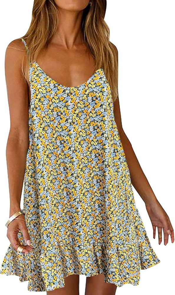 Qearal Womens Boho Floral Printed Dress Summer Sleeveless Adjustable Strap Beach Mini Dress with ... | Amazon (US)