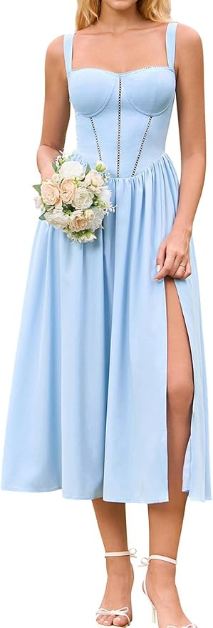 KUTUMAI Floral Corset Midi Dress Flowy Slit Summer Spring Wedding Guest Dresses for Women Sundres... | Amazon (US)