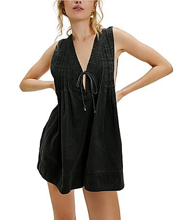 Free People Webster V-Neck Sleeveless Denim Romper - L | Dillard's