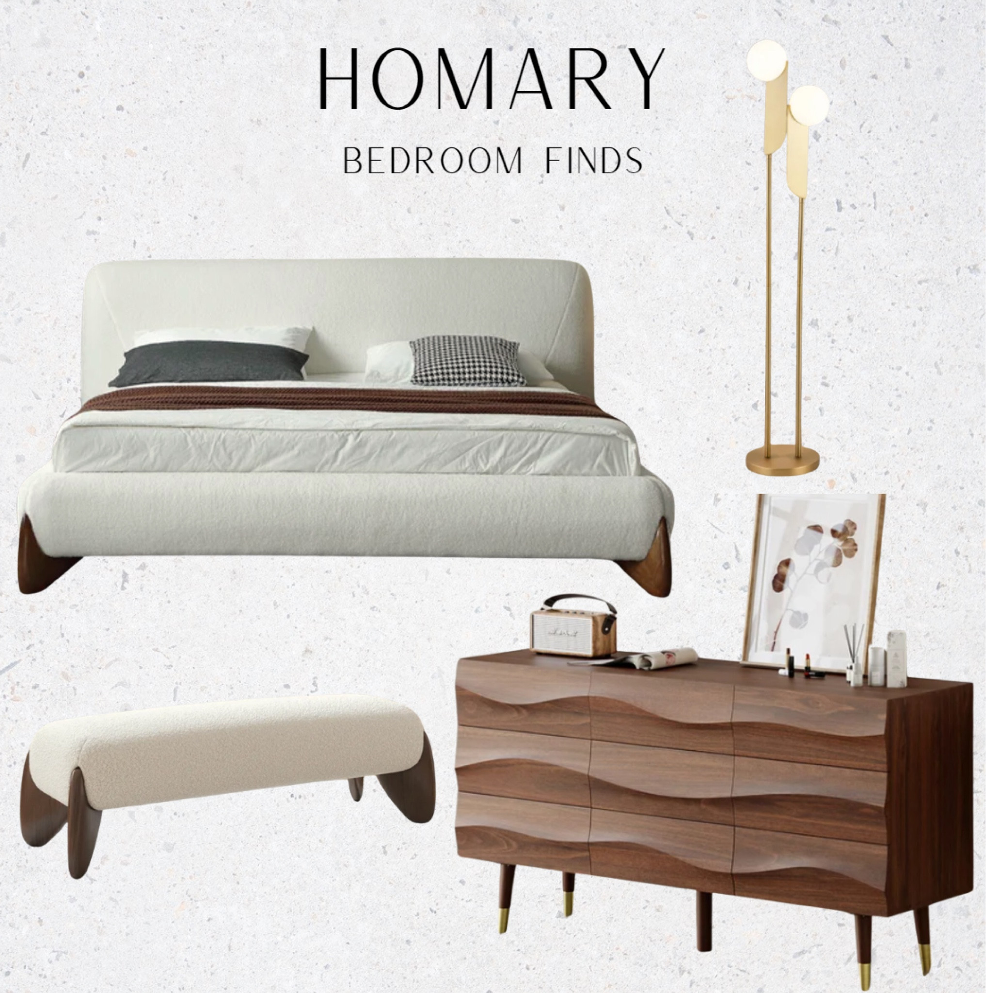 This stunning boucle platform bed is currently 49% off!!! 😍 who else loves the wavy detailing on the dresser?! 
#midcenturymodern#bedroom#furniture#interiordesign#homary#bedroomdecor#design#bench#platformbed#walnut

#LTKSpringSale #LTKstyletip #LTKhome