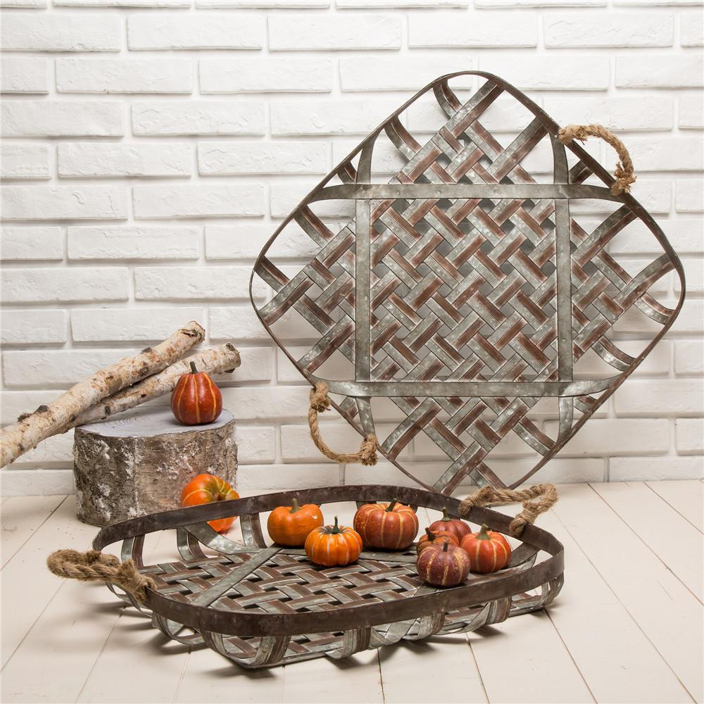Glitzhome Farmhouse Galvanized Metal Woven Tobacco Basket Tray (Set of 2)-1504202560 - The Home D... | The Home Depot
