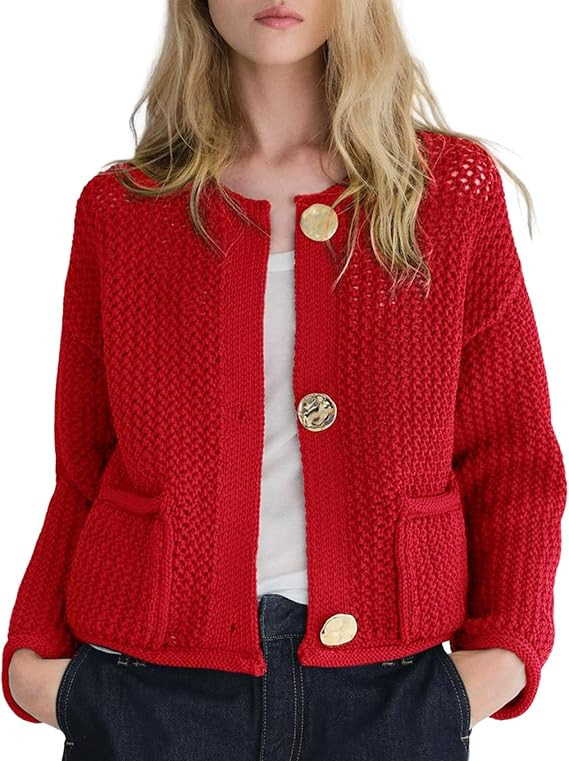 Arssm Womens Cardigan Sweaters 2024 V Neck Long Sleeve Sweater Button Down Knit Sweater Top with ... | Amazon (US)