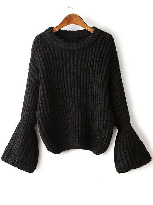 Black Drop Shoulder Lantern Sleeve Oversized Sweater | SHEIN