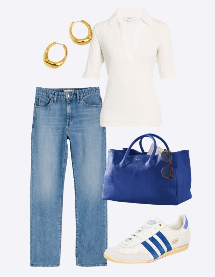 Blue Tote Bag + Low Profile Sneakers // spring outfit // spring outfit idea // elevated casual outfits // spring style inspo // cobalt blue // royal blue // gold hoop earrings

#LTKootd