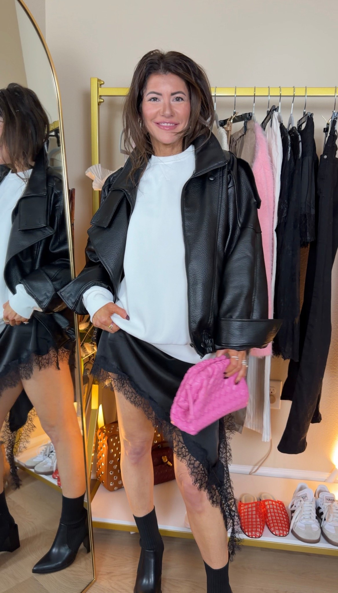 If it’s chilly where you are you can also add tights to this lace moto #valentinesdayinspo look. Wearing size Small in all pieces and they’re intentionally a little oversized. 

#LTKOver40 #LTKgrwm #LTKValentine