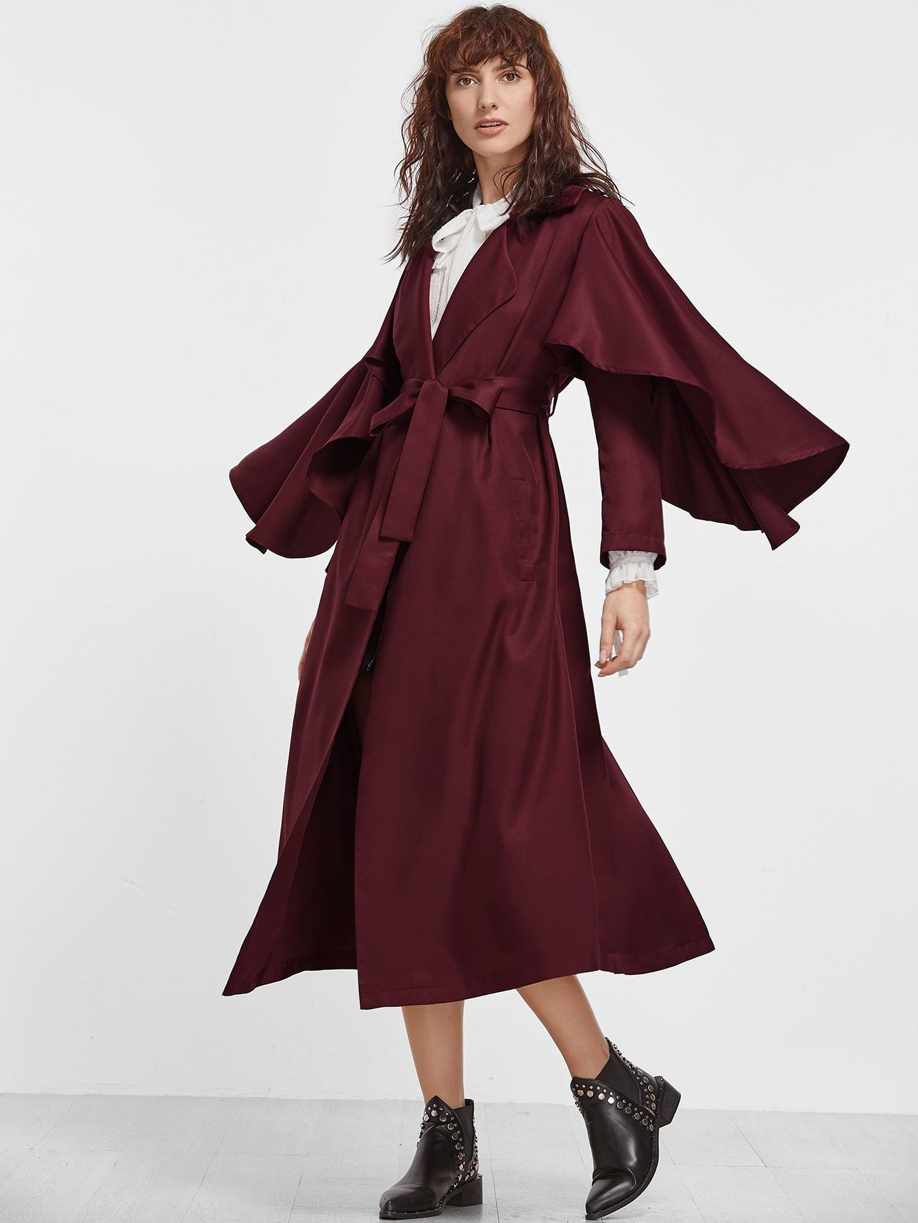 Burgundy Ruffle Trim Wrap Trench Coat | SHEIN