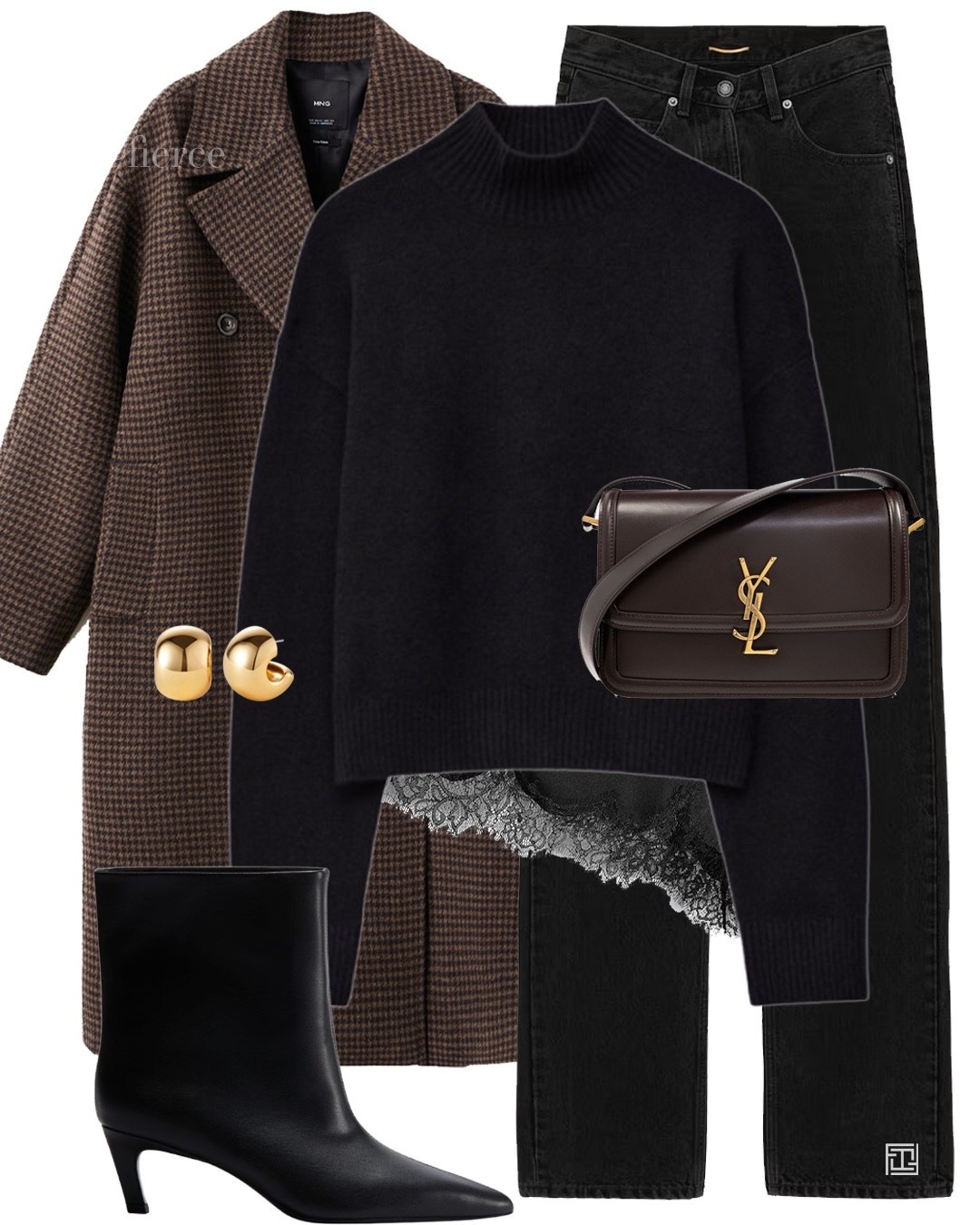 Brown houndstooth wool coat lace trim top Ysl chocolate brown bag black jeans black heeled ankle boots chic outfit lunch date date night 

#LTKuk #LTKeurope #LTKwinter