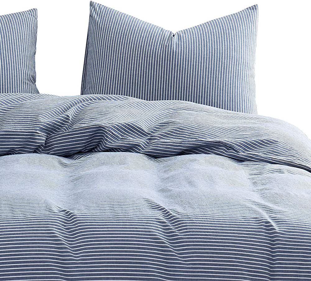 Wake In Cloud - Washed Cotton Duvet Cover Set, White Striped Ticking Pattern Printed on Denim Blu... | Amazon (US)