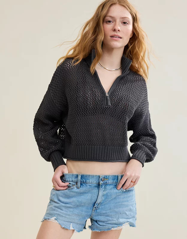 Aerie Crochet Quarter Zip Sweater | Aerie