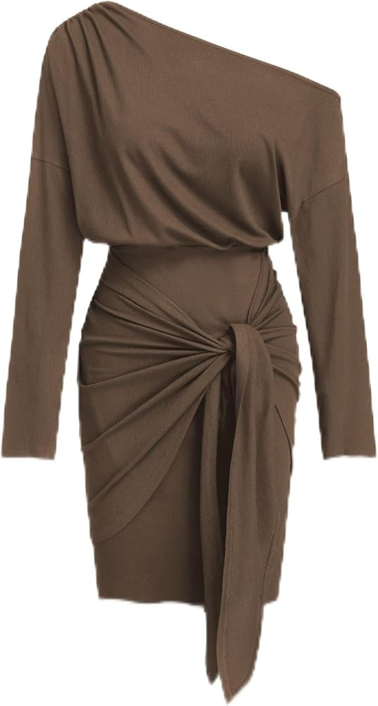 CIDER Off The Shoulder Dresses for Women One Shoulder Going Out Dress Tie Front Long Sleeve Dress... | Amazon (US)