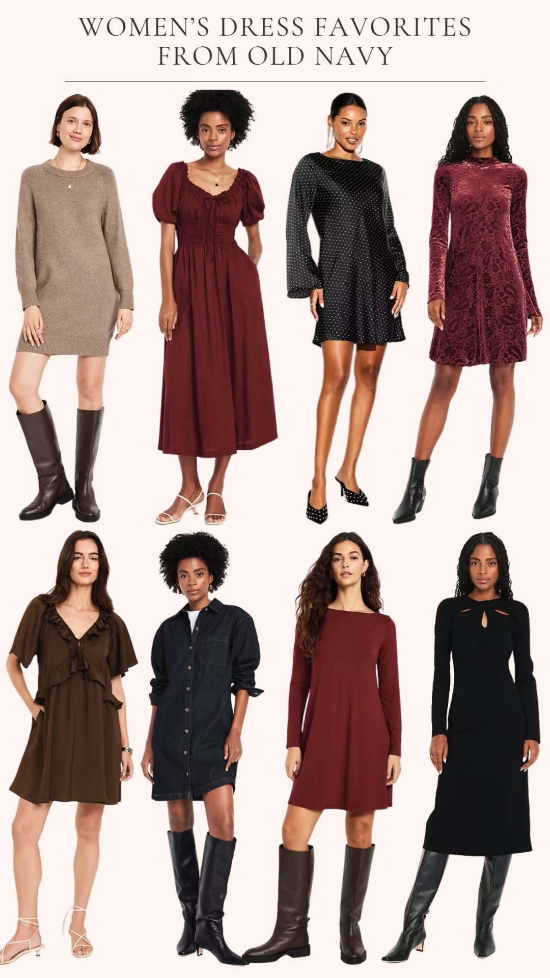 Women’s Dress Favorites From Old Navy. From flowy velvet to cozy sweater dresses, these styles are perfect for any fall occasion. 🍂 Dress them up with boots and a bag or keep it casual for everyday wear. Easy, affordable, and effortlessly chic! These are the Old Navy dresses you’ll wear on repeat this season! 

 #LTKOver40 #LTKSaleAlert #LTKFindsUnder50