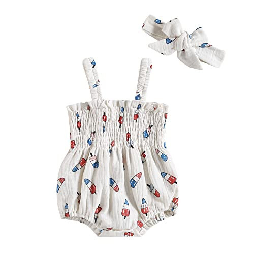 Amnnchya Baby Girl 4th of July Outfit Ice Cream Sleeveless Fourth of July Romper Newborn Independence Day Clothes (White,6-12 Months) | Amazon (US)