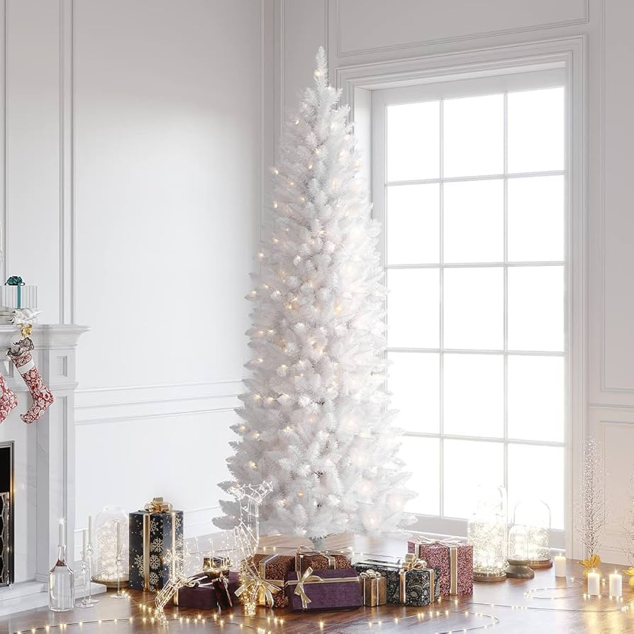 7.5ft White Christmas Tree, Fraser Fir Pencil Skinny Artificial Slim Trees w/Prelit 380 Warm Ligh... | Amazon (US)