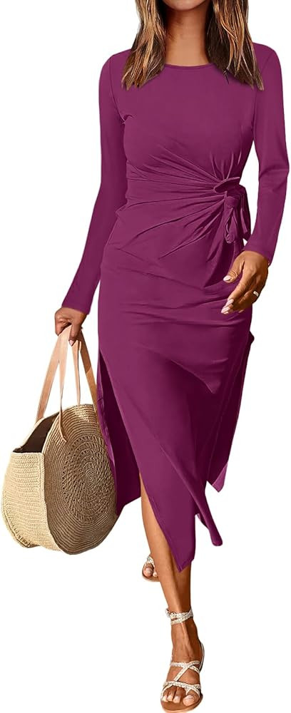 ANRABESS Womens 2026 Spring Long Sleeve Maxi Dress Crewneck Tie Waist Slit Casual Long T Shirt Dr... | Amazon (US)