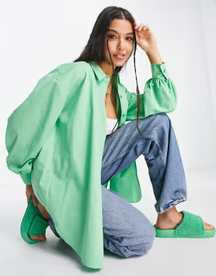 Miss Selfridge poplin oversized shirt in green | ASOS (Global)