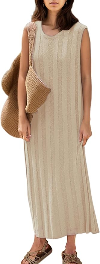 SAFRISIOR Women Sleeveless Sweater Midi Dress Scoop Neck Loose Fit Knitted Dress Solid Casual Tan... | Amazon (US)