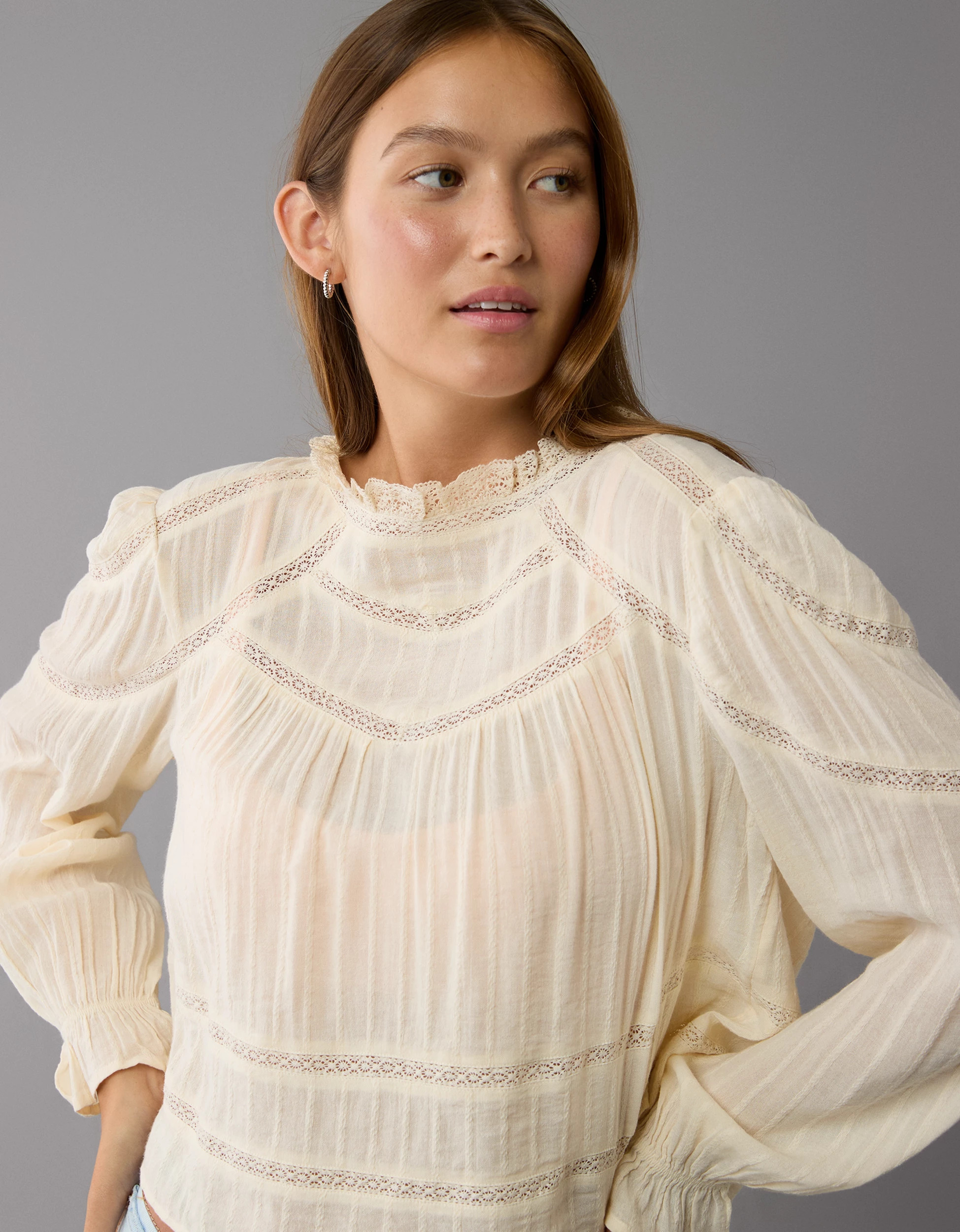 AE Long-Sleeve High Neck Lace Babydoll Top | American Eagle Outfitters (US & CA)