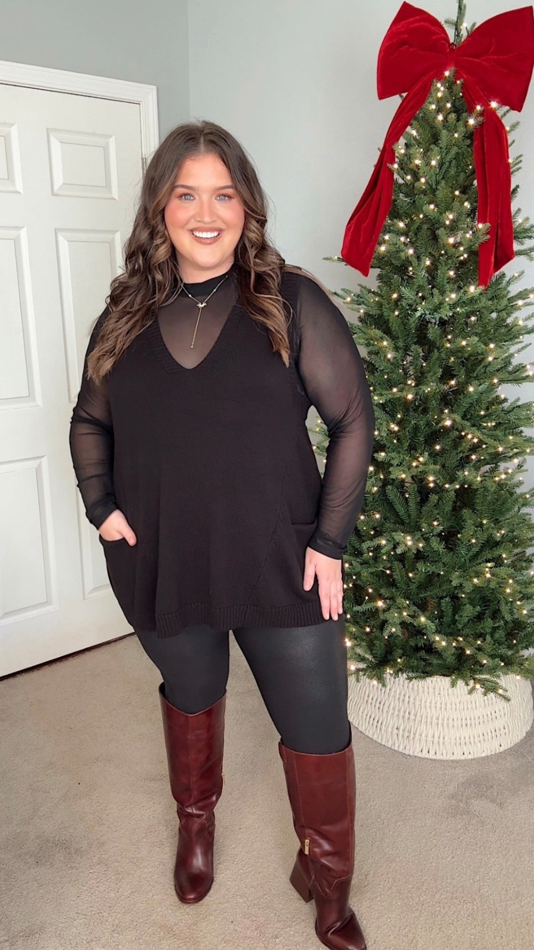 This outfit would be so good for a New Year’s Eve instead of wearing a dress. I love the mesh top paired with these faux leather leggings and oversized sweater vest. It’s completely plus size friendly and perfect for cooler weather. 
Plus size NYE outfit inspo, holiday outfit inspo, monochromatic outfit, burgundy boots 

#LTKPlusSize #LTKHoliday #LTKSeasonal
