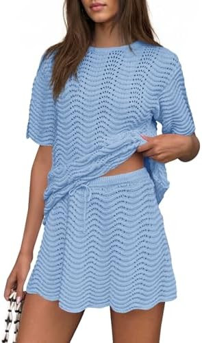 Fisoew Womens Crochet Swimsuit Coverup 2 Piece Skirt Sets Bathing Suit Cover Up Knit Beach Vacati... | Amazon (US)