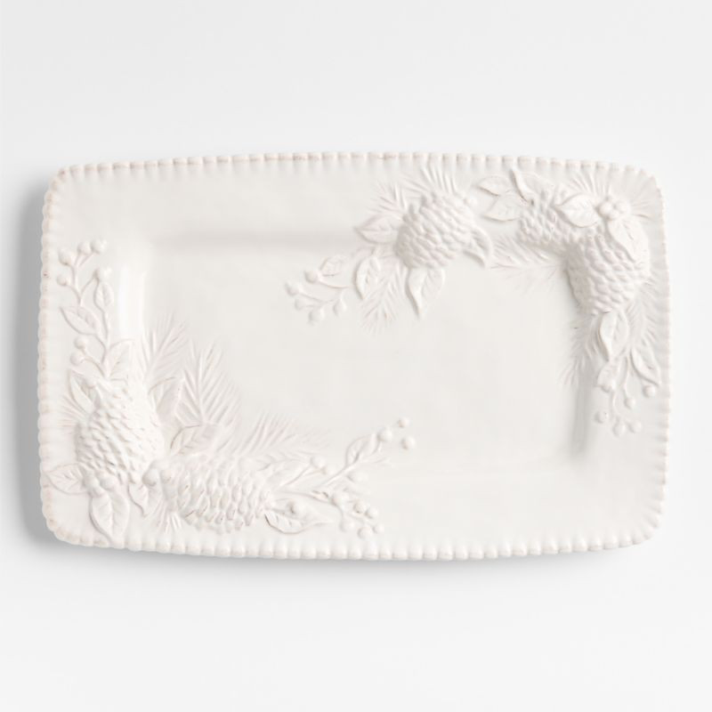 White Embossed Pinecone Stoneware Platter | Crate & Barrel | Crate & Barrel