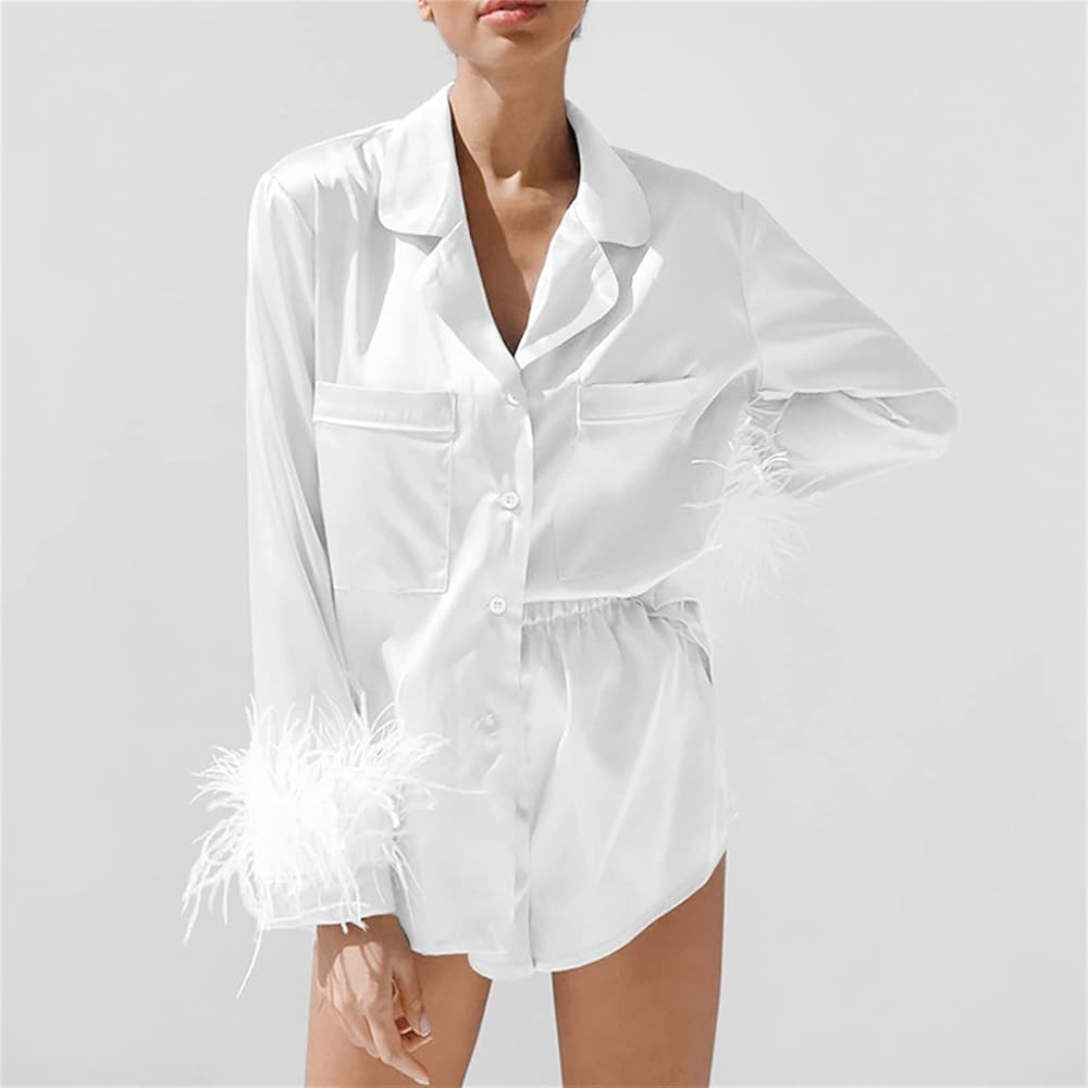 Women's Pajamas Set Silk Satin Sleepwear Long Sleeve Feather Shirt Shorts Nightwear Loose Sleep Home | Amazon (US)