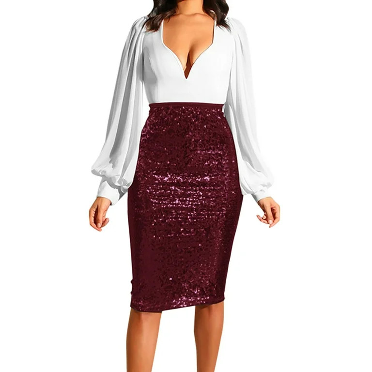 TANGNADE Women Fashion Solid Slim High Waist Push up Hip Pencil Zipper Sequin Skirt | Walmart (US)