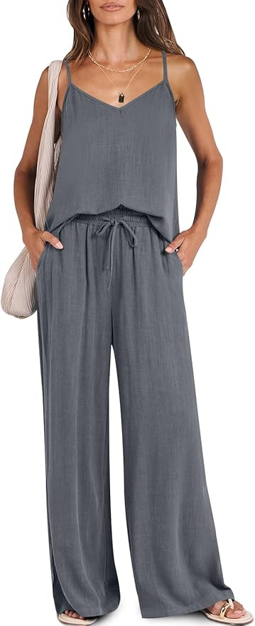 ANRABESS Women's 2 Piece Linen Lounge Set Casual Matching Pants Jumpsuit Summer Beach Travel Vaca... | Amazon (US)