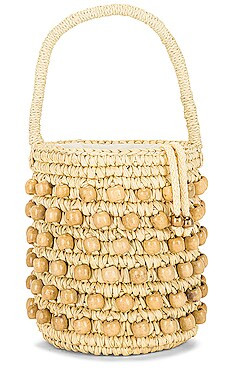 SENSI STUDIO Wood Beaded Mini Bucket Bag in Natural Straw & Beads from Revolve.com | Revolve Clothing (Global)