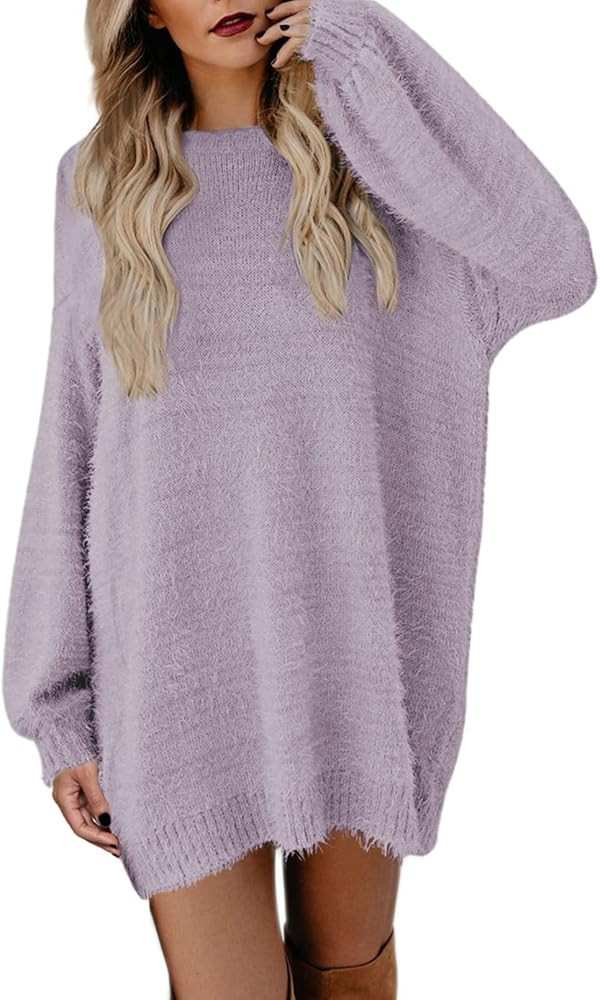 Meenew Women's Furry Pullover Sweater Dress Loose Oversized Long Knitted Tops | Amazon (US)