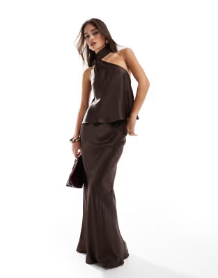 ASOS DESIGN satin scarf neck top co ord in chocolate | ASOS (Global)
