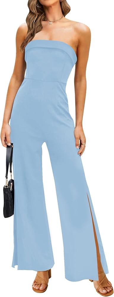ZESICA Women's 2024 Strapless Jumpsuit Casual Off Shoulder High Waist Wide Leg Side Slit Long Rom... | Amazon (US)