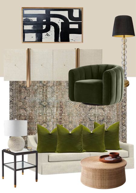 Eclectic living room virtual design in neutrals with green decor accents. 

#LTKhome