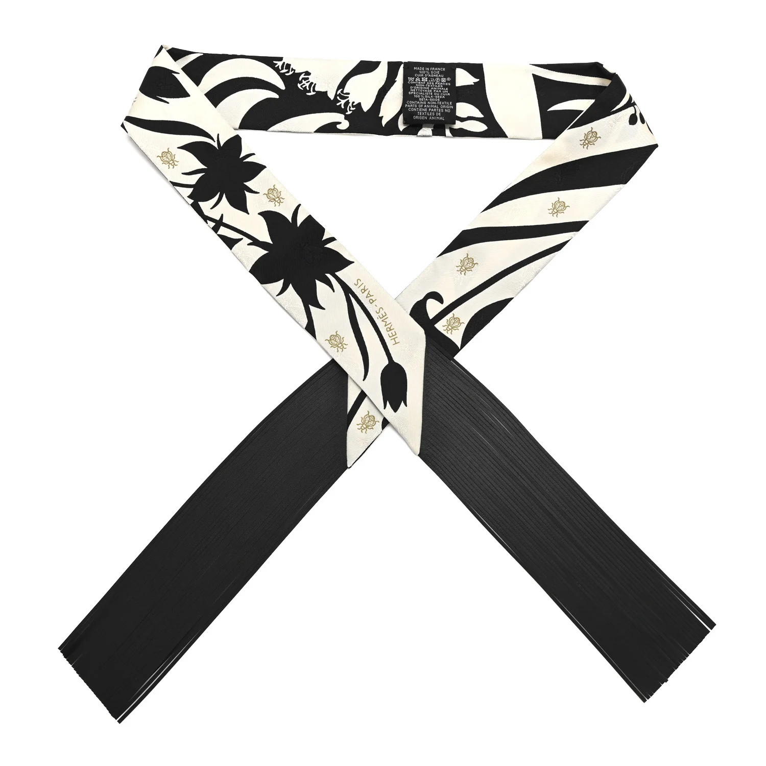 Silk Calfskin Bouquet Final Fringed Twilly Creme Black | FASHIONPHILE (US)