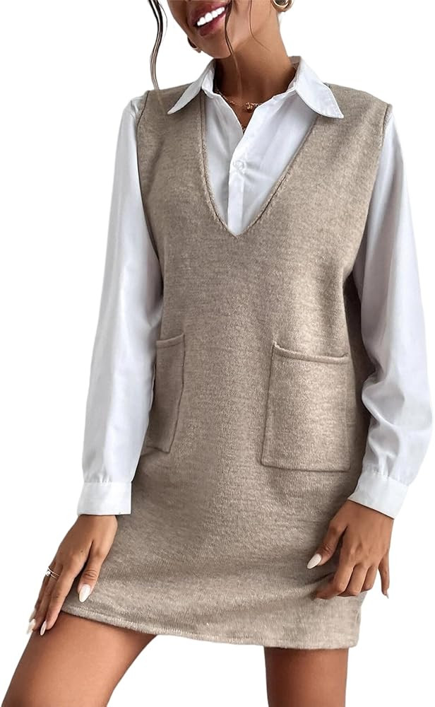 Women's V Neck Sleeveless Sweater Dress Knitted Solid Short Sweater Vest Dress with Pockets | Amazon (US)