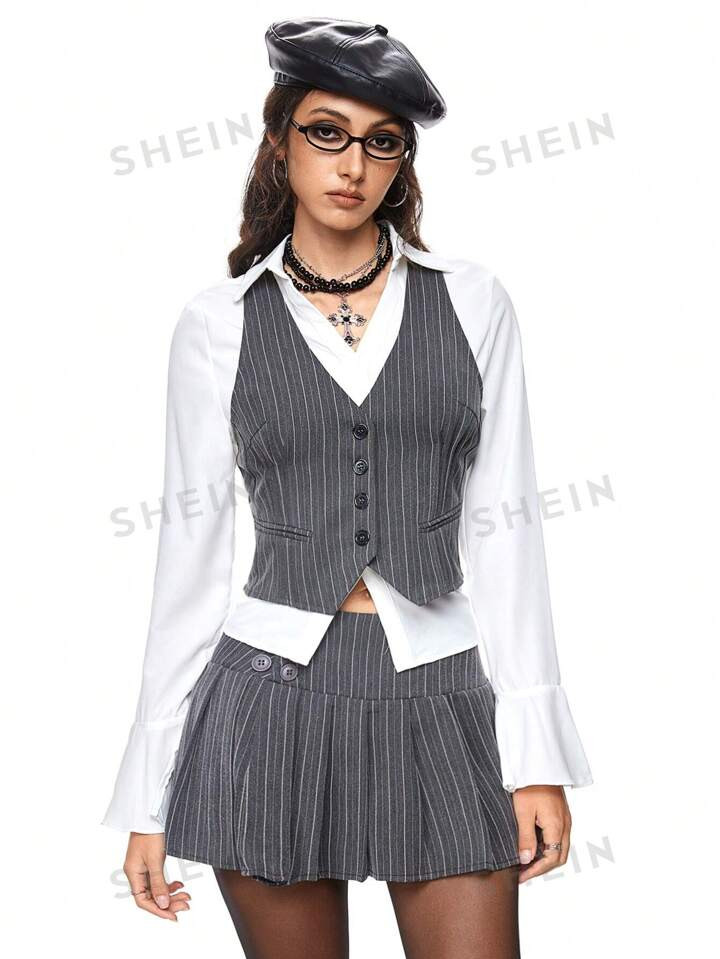 ROMWE Academia Vintage Pinstripe Women's Blazer Jacket, School | SHEIN