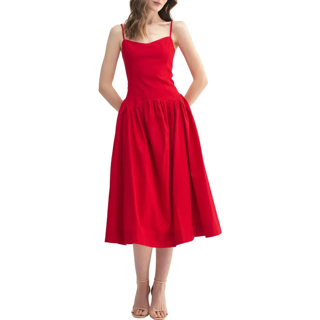 All in Favor Drop Waist Cotton & Linen Midi Dress in Red at Nordstrom, Size Large | Nordstrom