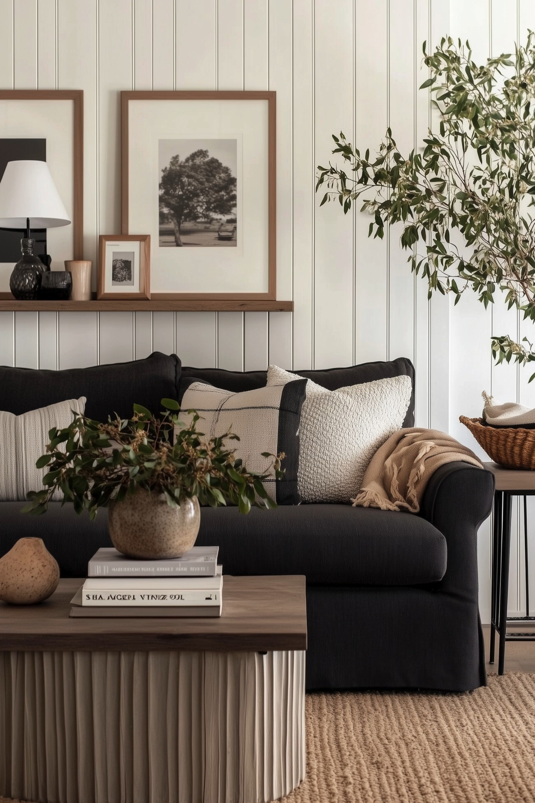 Cozy Organic Modern Living Room — a neutral home styling moment with a charcoal slipcovered sofa, textured cream throw pillows, vertical shiplap wall paneling, and a warm wood picture ledge. The space features layered coffee table decor, a pleated drum table, ceramic accents, and fresh greenery for an inviting, collected look. A chunky jute rug, woven basket, and framed black-and-white art finish this calming, natural aesthetic perfect for fall-to-winter transitions. 🖤 If you want to see more content like this, FOLLOW maeveandmodern on LTK, Instagram, and Pinterest! Check out our blog where we post daily, maeveandmodern.com! Neutral living room | Organic modern decor | Cozy fall living room | Shelf styling ideas | Wood picture frames | Black sofa | Textured throw pillows | Jute rug | Coffee table styling | Minimalist wall paneling | Warm neutral home | Basket storage | Greenery branches | Modern farmhouse accents | Scandinavian-inspired | Earthy tones | Elevated yet cozy #LTKFindsUnder100

#LTKHome #LTKSaleAlert #LTKSeasonal