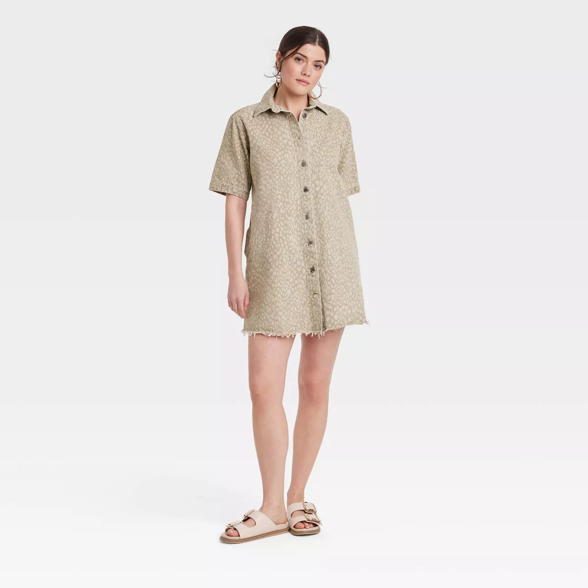 Women's Denim Mini Shirtdress - Universal Thread™ Tan Leopard Print XL: Recycled Cotton Blend, ... | Target