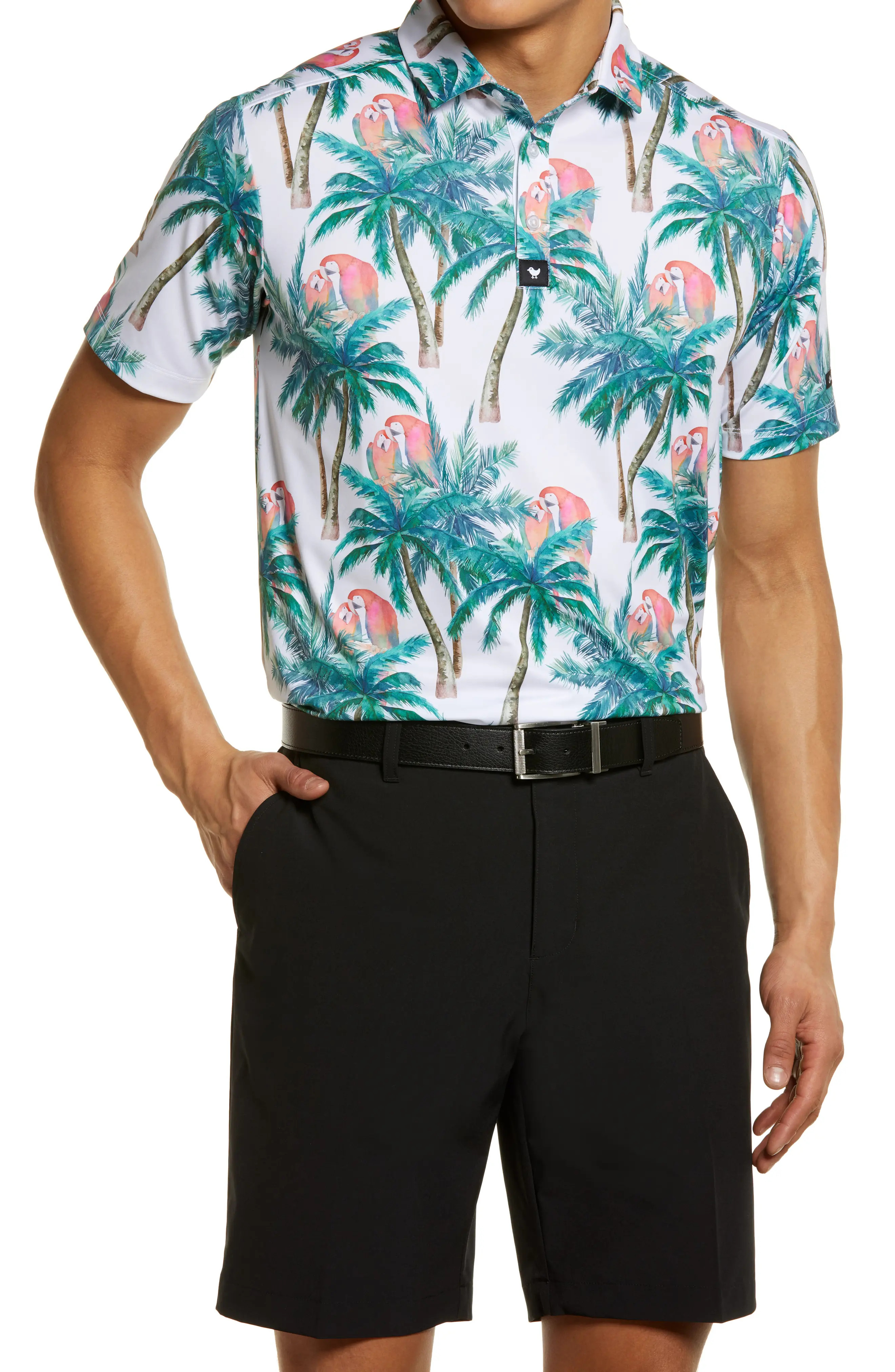 Bad Birdie Island Hopper Print Short Sleeve Polo in White/green at Nordstrom, Size Small | Nordstrom