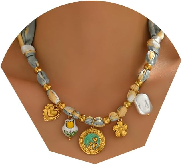 18K Gold Plated Silk Scarf Necklace for Women, Bandana Necklace with Stainless Steel Charms Choke... | Amazon (US)