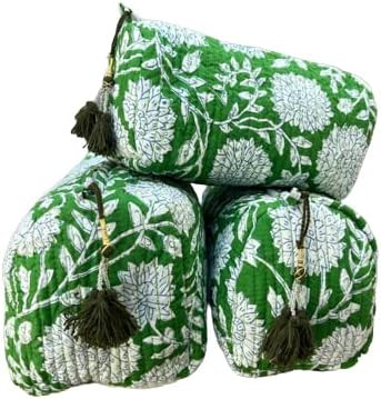 Indian Cotton Floral Block Print 3 Pcs Toiletry Beg Bridesmaid Gift, Quilted Bag, Women Cosmetic ... | Amazon (US)