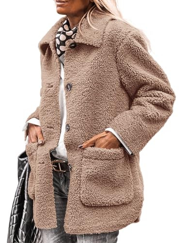 PRETTYGARDEN Women's Winter Faux Fur Coats Long Sleeve Lapel Button Down Pockets Fleece Sherpa Jacket Casual Trendy Outerwear (Camel,Medium) | Amazon (US)