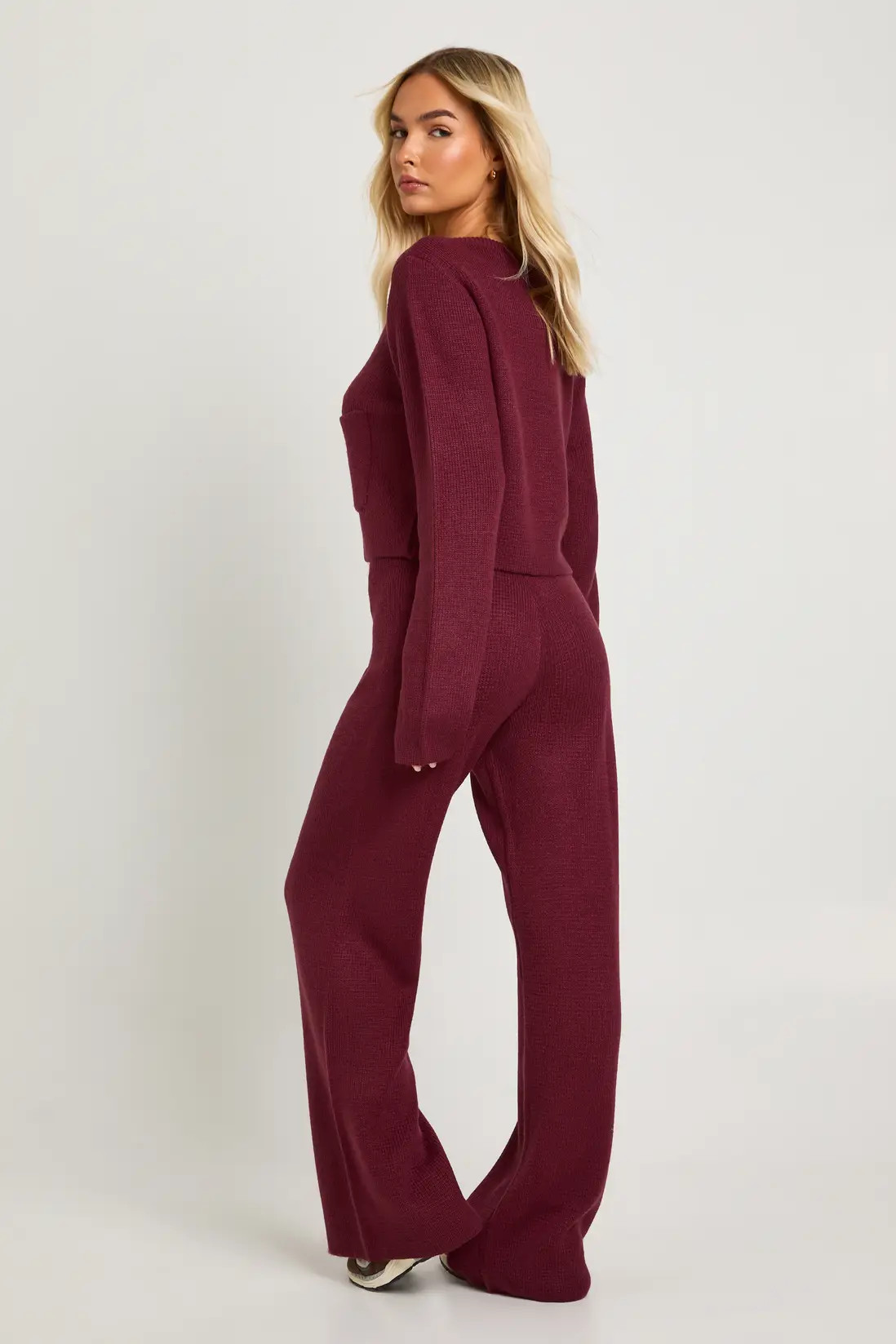 Pocket Detail Crew Neck Knitted Cardigan and Wide Leg Trouser | Boohoo.com (UK & IE)