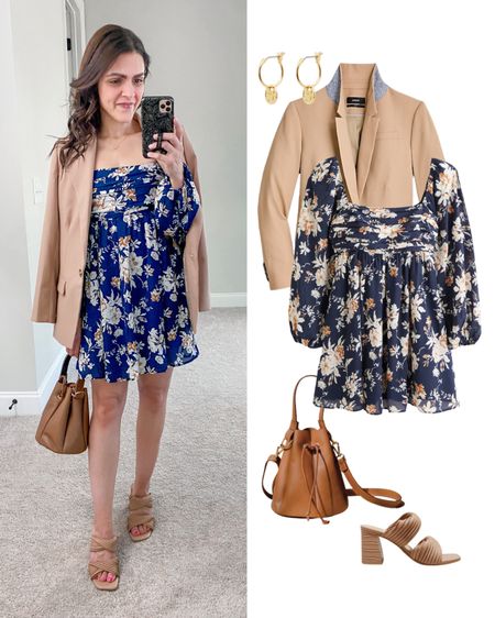 Transitional outfit to wear from Summer to Fall | floral long sleeve mini dress (tts), tan blazer (tts), heel sandal mules (tts), ABLE bucket bag 

#LTKstyletip