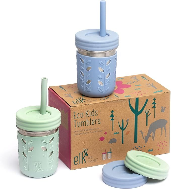 Elk and Friends Stainless Steel Cups | 10oz Mason Jar Cups with Silicone Sleeves & Straws | Spill... | Amazon (US)