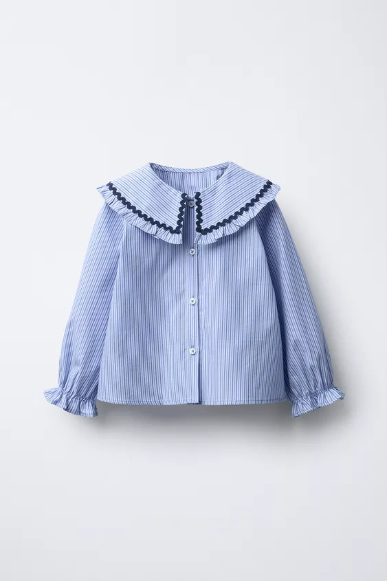 Peter Pan collar shirt with rickrack appliqué and long sleeves with elastic cuffs. Front button ... | Zara US