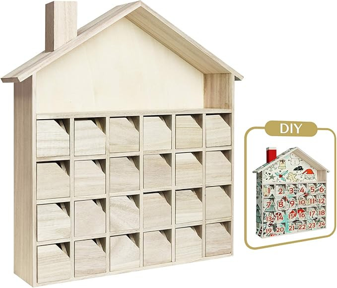 Sunlit Christmas Wooden Advent Calendar with Drawers, Unfinished Wooden, House Shaped Countdown C... | Amazon (US)
