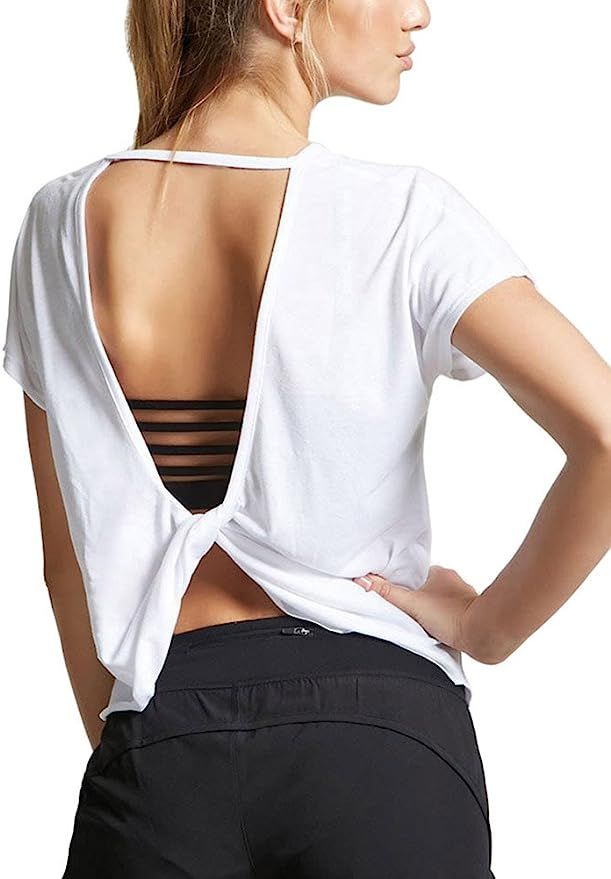 Mippo Workout Tops for Women Open Back Gym Workout Shirts Cute Short Sleeve Crop Tops | Amazon (US)