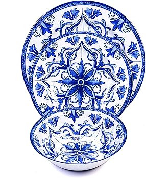 Prepara 12 Piece Melamine Dinnerware Set, Blue and White Tile | Amazon (US)